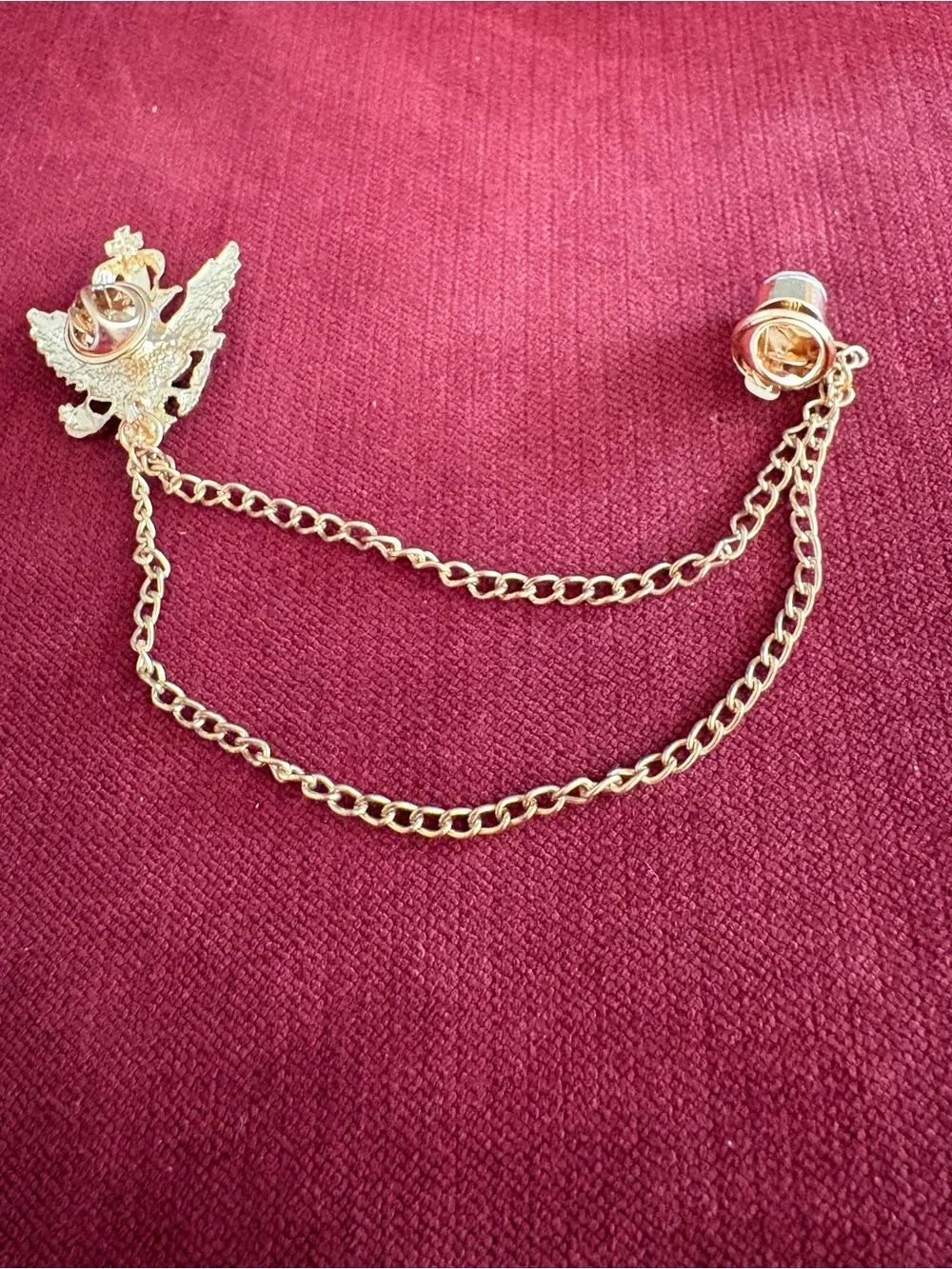 Never Used Men's Crown Eagle Lapel Pin Brooch Gold Tone Chain Rhinestone Collar